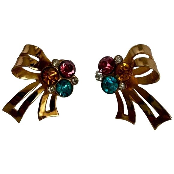 Coro Screw Back Earrings Vintage Bow Ribbon Colorful Rhinestones Goldtone 1 inch - Picture 2 of 10